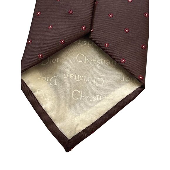 Vintage Christian Dior Paris Brown Tie With Red Polka Dot Pattern For Men - Picture 3 of 5